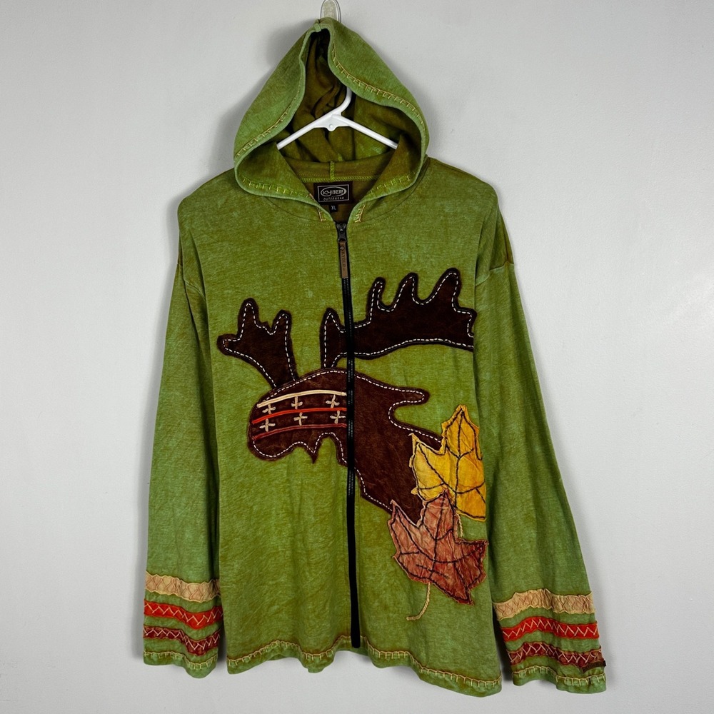 Kyiber Outerwear Green Brown Moose Maple Leaf Hooded Jacket Womens Size XL Nepal